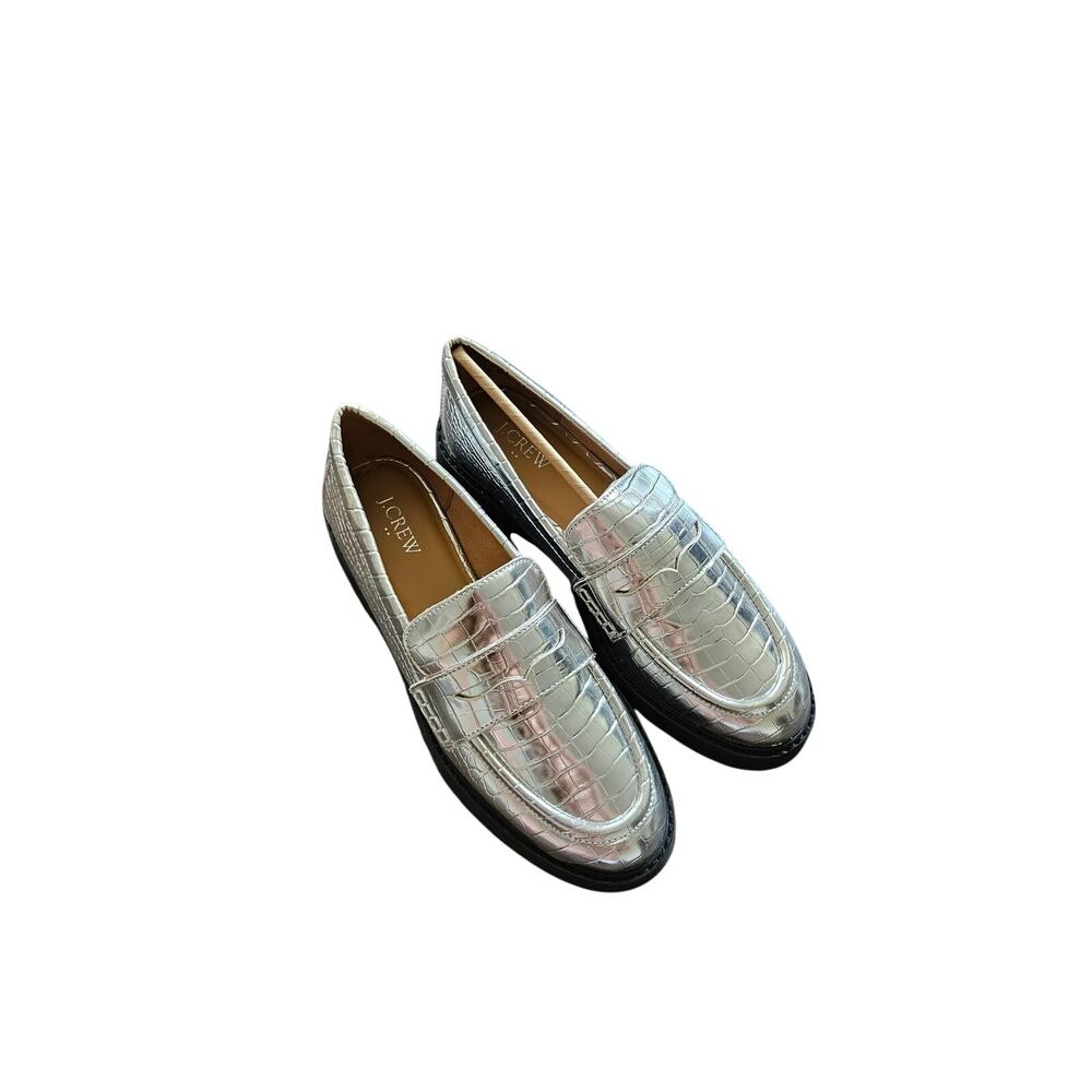 J.Crew Silver Croc Metallic Lug-Sole Penny Loafers Platform Loafers NIB Size 10